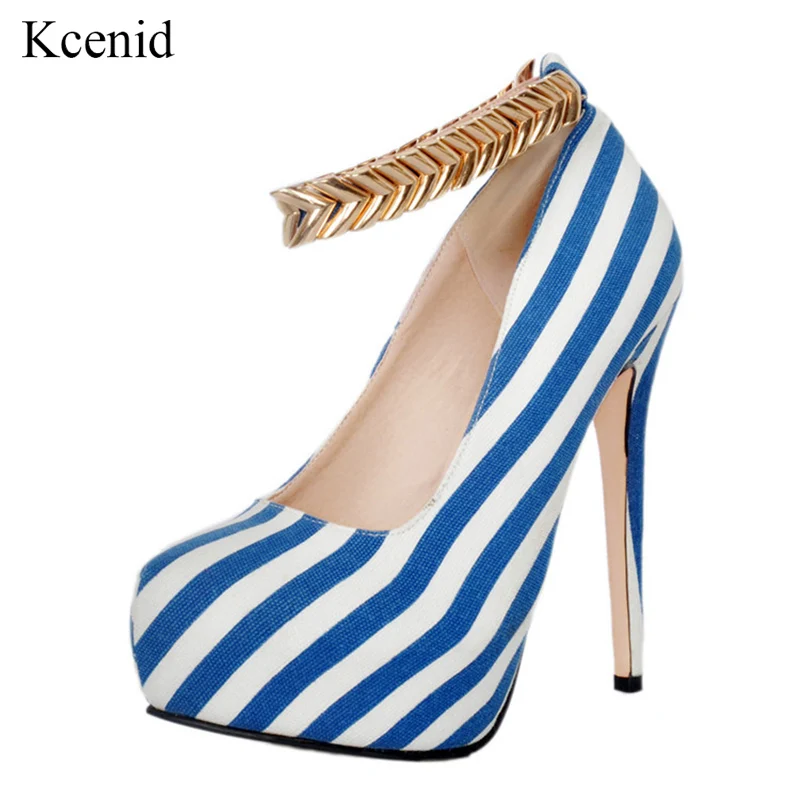 

Kcenid 2019 new spring autumn casual high-heeled shoes sexy metal decoration ankle strap platform pumps blue white plus size 47