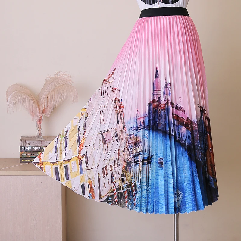 

Qooth Women's New Skirt Summer Skirts 2019 Spring Luxury Printed Pleated Skirt High Waist Printing New Maxi Skirts Saia QH1848