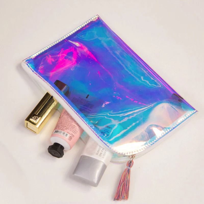 

Fashion Cool Laser Storage Bag Transparent Silica Gel PVC Plastic Water Proof Pencil Bag Tassels Pen Case Coin Purse