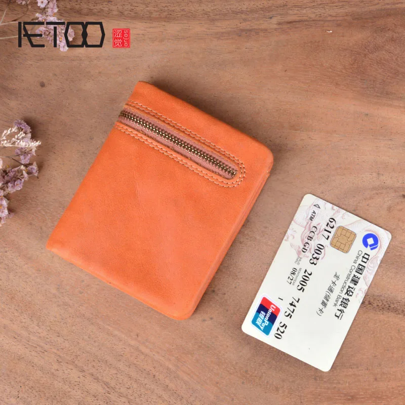 

AETOO New Korean version of the first layer of vegetable tanned leather wallet female simple short leather zipper photo card wal