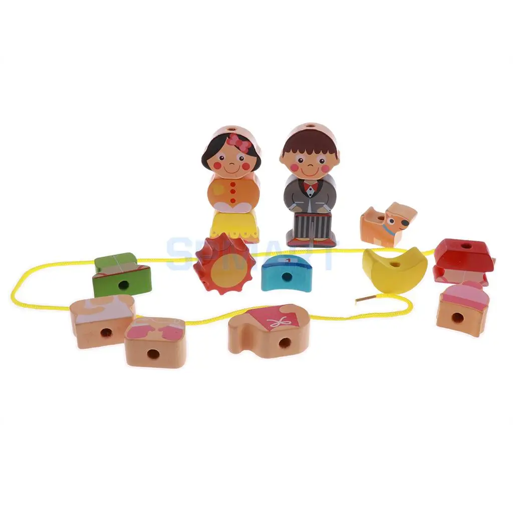 Wooden Cartoon Threading Beads Lacing Game Kids Preschool Edutional Toys - People/City/Farm