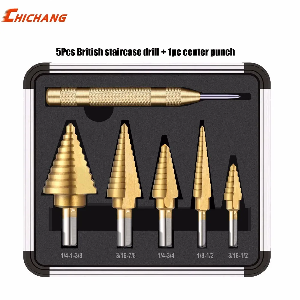

5 pieces of British staircase bit set / step drill / steel drill / twist drill / outer hole drill + center punch