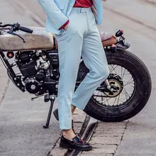 Мужской свадебный костюм жениха, брюки светло-голубые модные повседневные супер тонкие брюки больших размеров для отдыха в стиле ретро, брюки с подтяжками