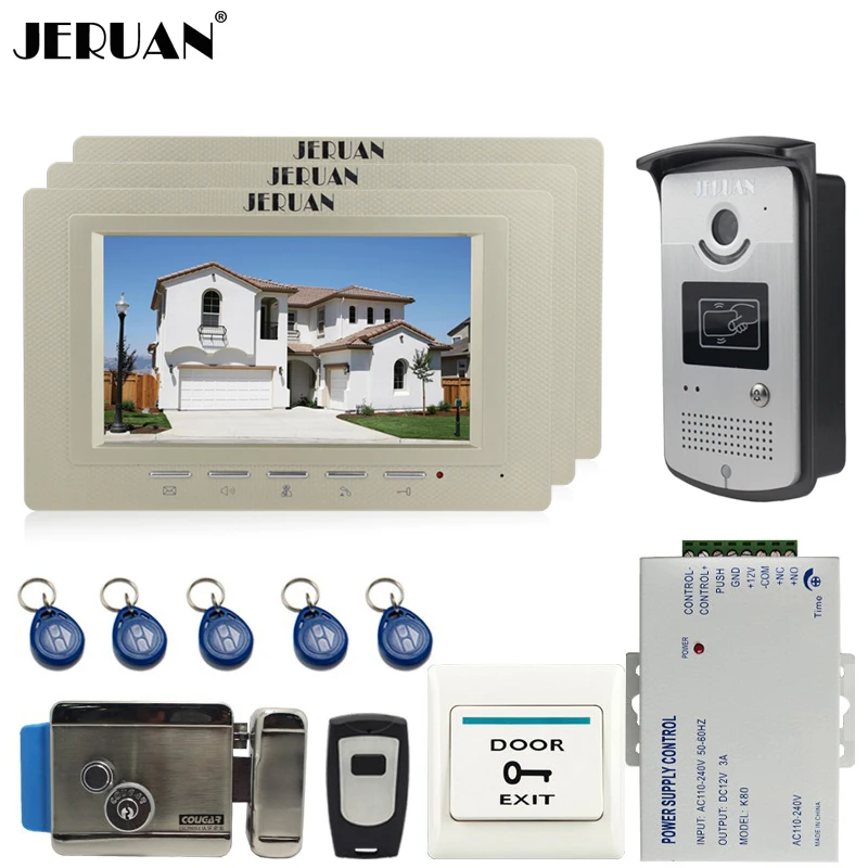 JERUAN 7 inch Color Screen Video Door Phone Intercom System 3 Monitors +700TVL RFID Access IR Camera For 3 house In Stock JERUAN 7 inch Color Screen Video Door Phone Intercom System 3 Monitors +700TVL RFID Access IR Camera For 3 house In Stock