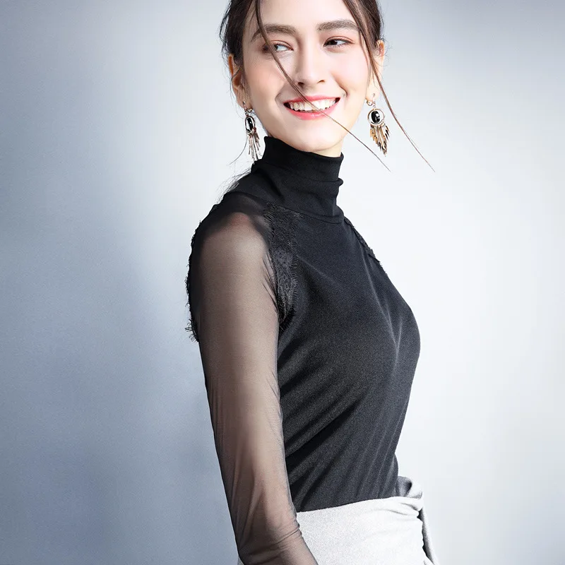 

2019 New Blouse Women Spring Lace Stitching Mesh Long-sleeved Black High Collar Bottoming Shirt Ladies Blusas Mujer De Moda