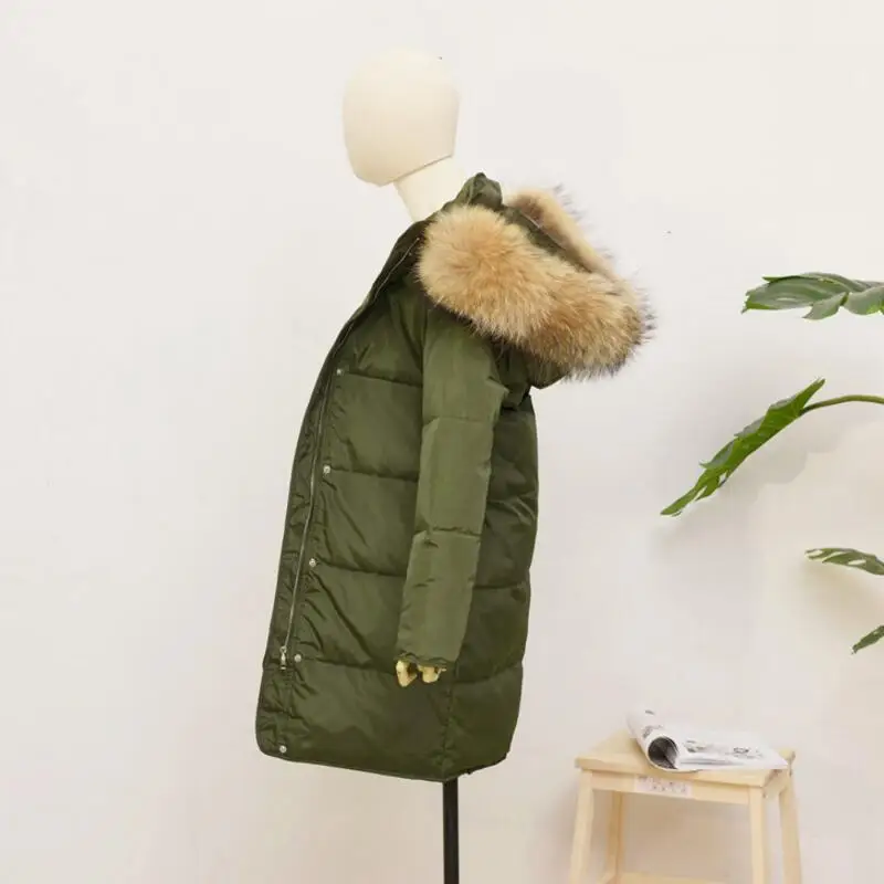 New Autumn Winter Fur Collar Long Thick Down Coats Women White Duck Down Jacket Hat Detachable Windproof Female Outwears Mw107