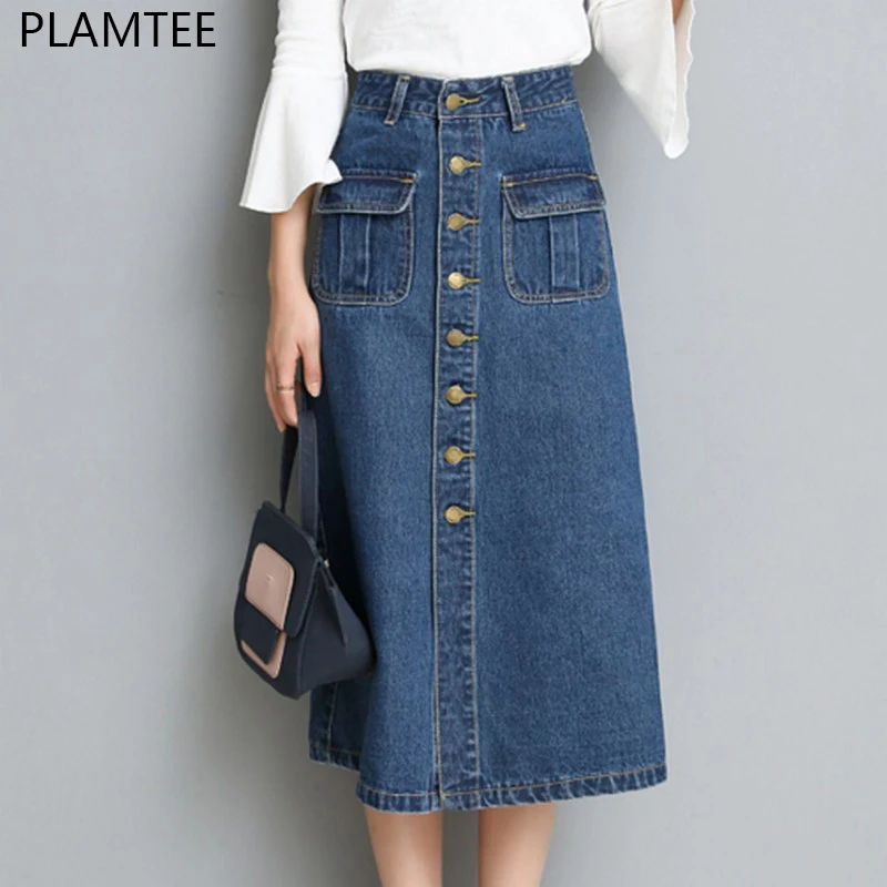 

PLAMTEE Summer Autumn Elegant Women High Waist Midi Jeans Skirt 2017 Button Up Pocket Vintage A-Line Saia Slim Fitness Girl Jupe