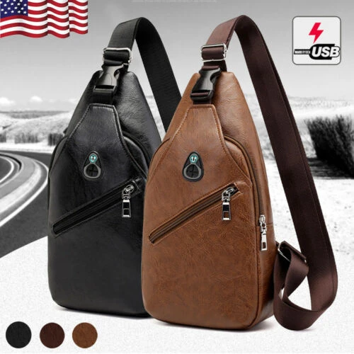 PU Leather Men’s Vintage Sling Waist Travel USB Charger Chest Pack Bag