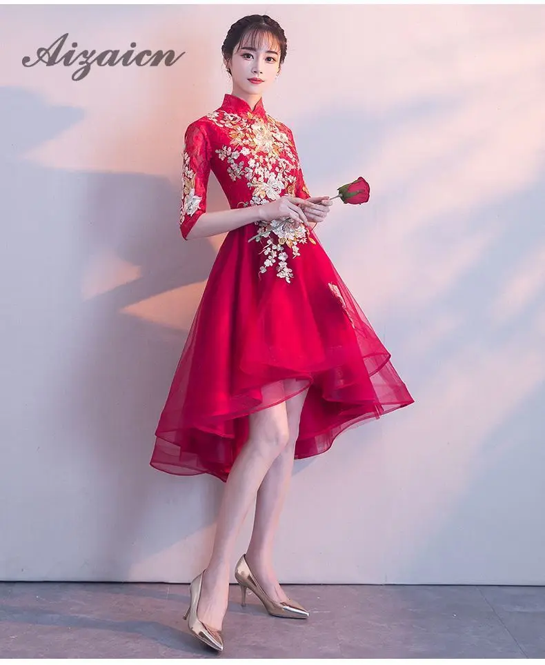 Кружевные летние Для женщин сексуальные цветы Cheongsam красный китайский Винтаж вечернее платье Китай платья невесты вина Qipao свадебное