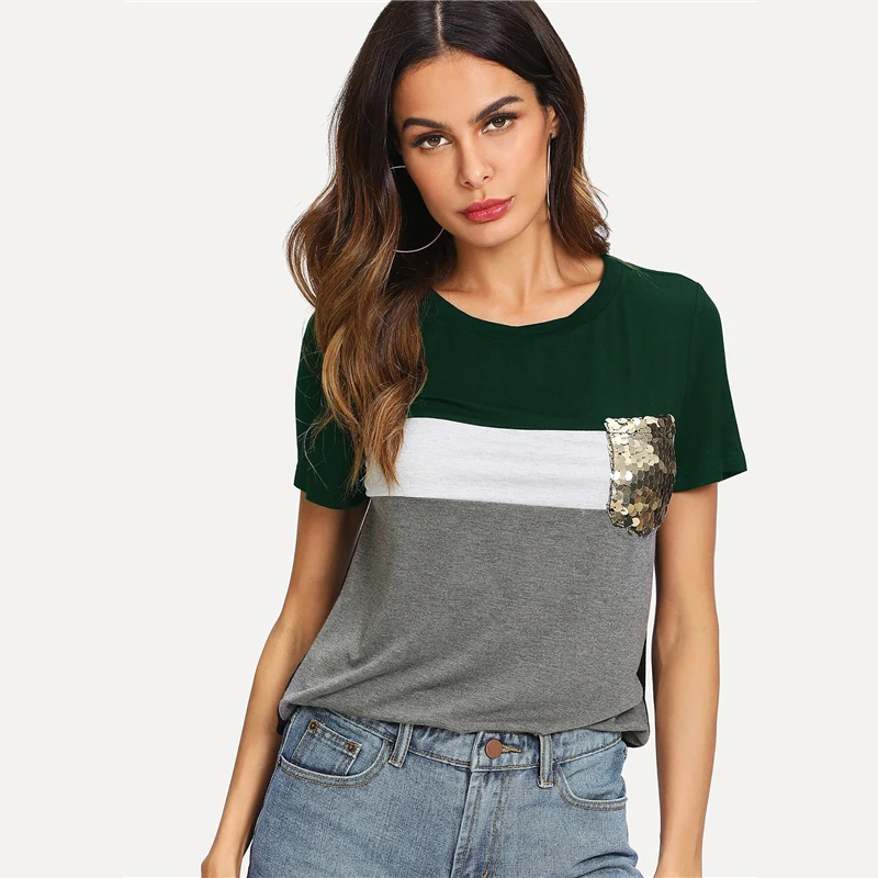SweatyRocks, цветная футболка с пайетками и карманами, уличная футболка с коротким рукавом, Женский пуловер, топы, Летняя Повседневная Эластичная футболка