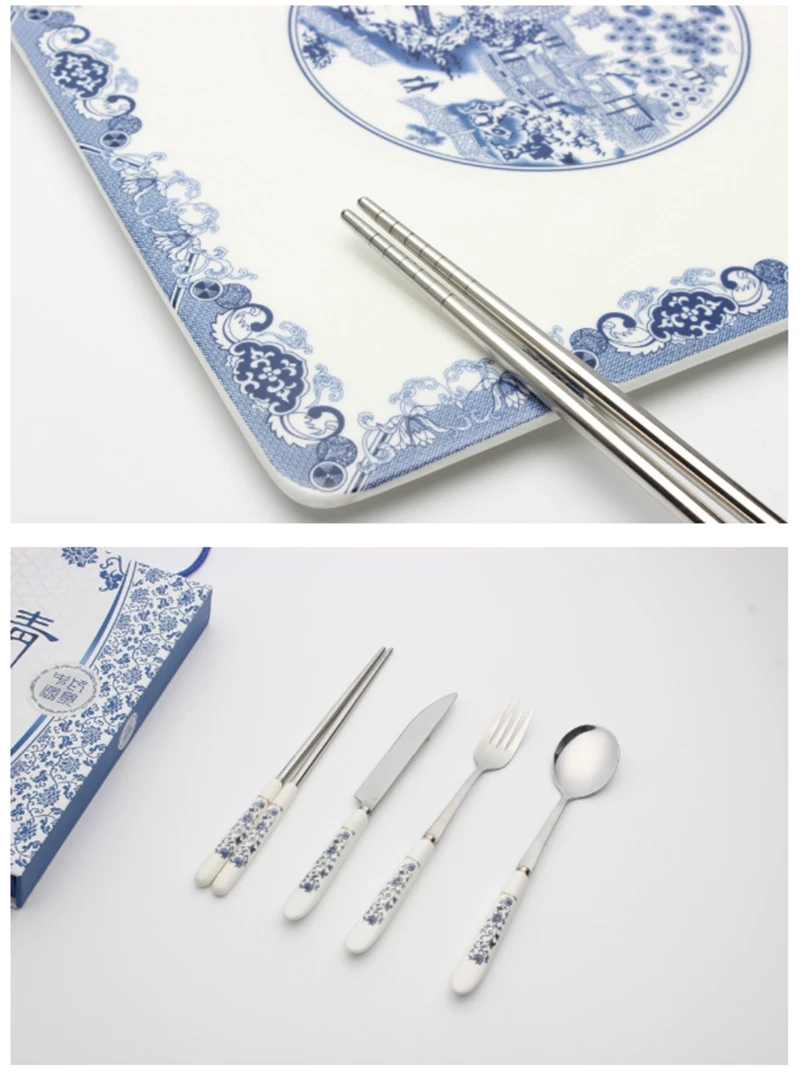 Китай Ветер синяя и белая фарфоровая посуда коробка керамическая столовая посуда, нержавеющая сталь нож вилка 4 шт. набор