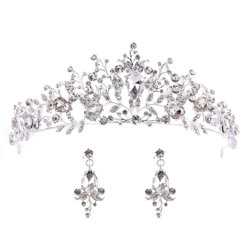 silver with earrings Свадебная тиара Хрустальная Королевская корона с серьгами свадебные аксессуары для волос диадема головная повязка Пышное украшение для причёски - Окраска металла: silver with earrings
