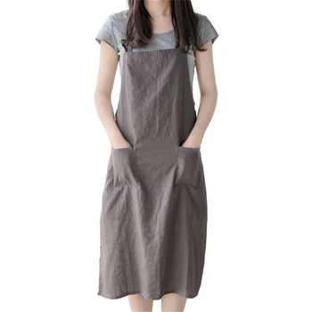 

2019 Washed Cotton linen Kitchen Apron For Women Cooking Baking Bib Lady Flower Shop work clean apron pocket uniform lady Dress