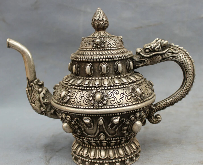 

song voge gem S2357 9" Tibet Silver Dragon Head Statue Buddhism Style Globules Wine Tea Pot Flagon