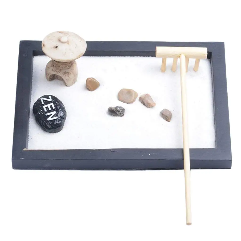 Японский каресансуй мини дзен стол сад с погремушкой галька и песок украшения дома офиса-15x11x1 см - Цвет: Black