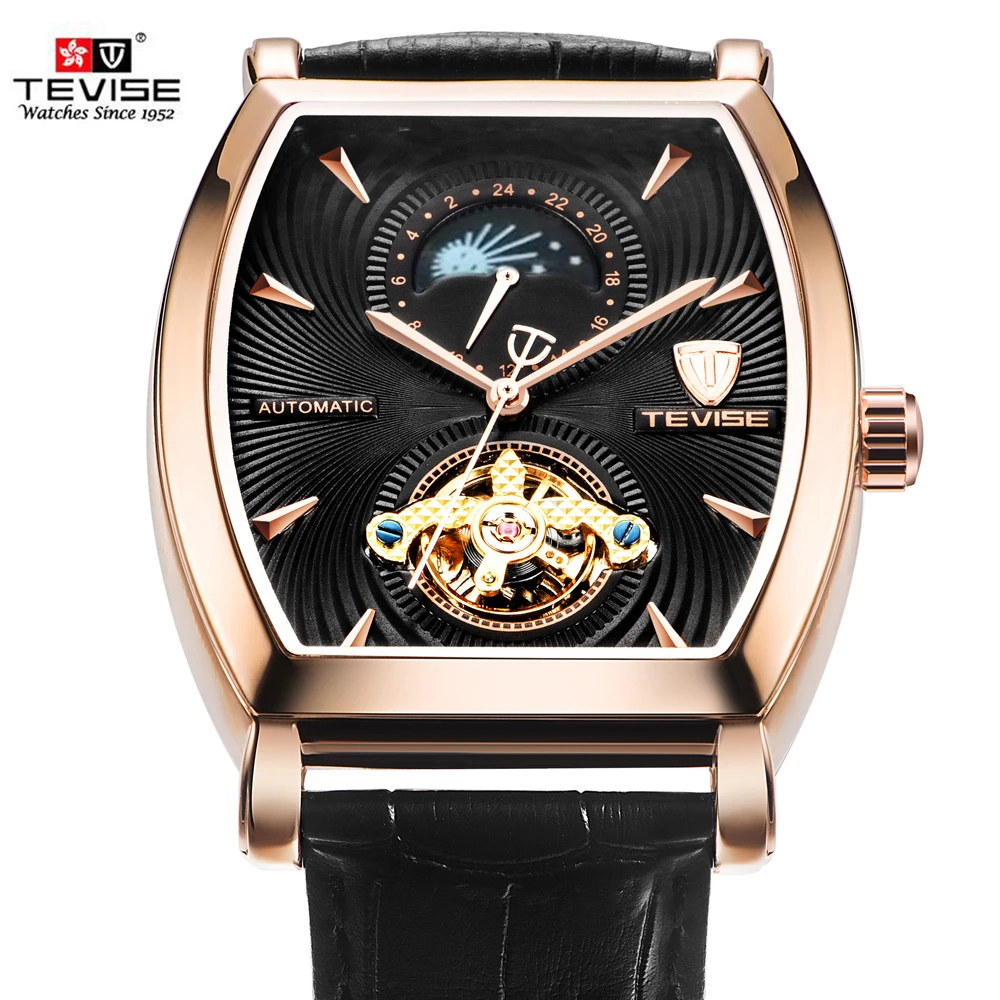 TEVISE Automatic Winding Watches Men Mechanical Watch Tourbillon Sport Business Relogio Automatico Masculino Square Clock