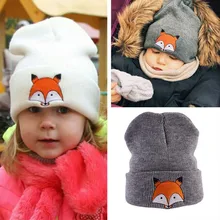 Зимняя шапка, Детская вязаная шапочка с вышивкой, теплая шапка с рисунком лисы, милые детские шапки для мальчиков и девочек