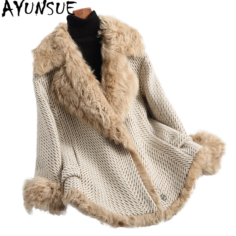 AYUNSUE Real Fur Coat Women Tweed Wool Blends Jackets 2018 Luxury Natural Lamb Fur Liner Warm Winter Female Jacket 68246 WYQ1918