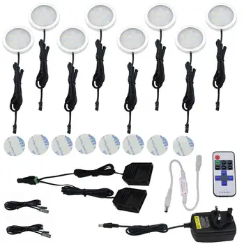 

LED Under Cabinet Dimmable Lighting Puck Lights Kit Downlight With RF Remote Cold/Warm white for Kitchen 8pcs EU/UK/US Adapter
