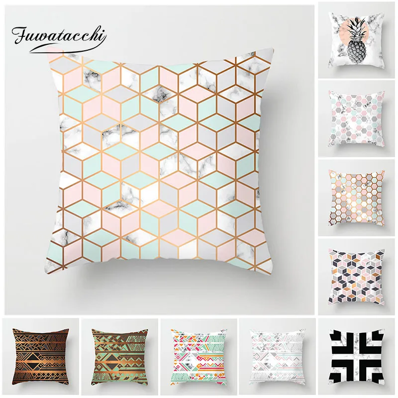 

Fuwatacchi Marble Pattern Cushion Cover Pineapple Plaid Patchwork Pillow Cover for Home Chair Decoration Pillowcases 45*45 cm