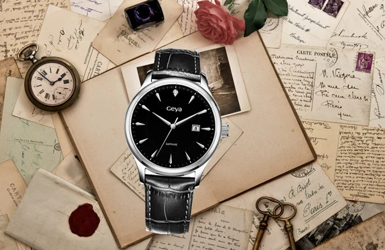 Geya Брендовые Часы мужские модные черные кварцевые с сапфировым стеклом водонепроницаемые часы с кожаным ремешком Роскошные ролевые часы большой циферблат Мужские часы