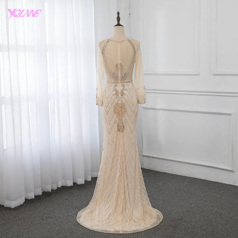 YQLNNE 2019 Luxury Champagne Rhinestones Evening Dresses Long Sleeve Formal Women Gown Mermaid Dress Robe de Soiree