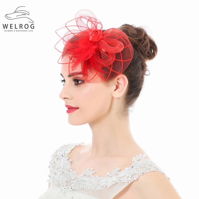 

WELROG Fascinators Hat For Women Flower Mesh Feathers Striped Hair With Silver Clips Headband For Cocktail Tea Party Headwear