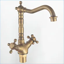 Античный кран с одним отверстием, кухонный кран, латунный двойной держатель, смеситель для горячей и холодной воды, J14808