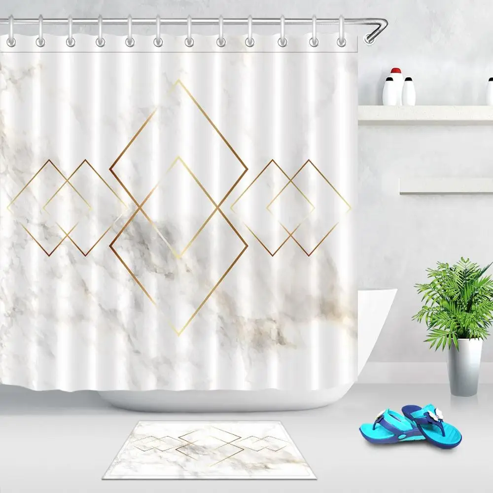 Bathroom Waterproof Fabric Shower Curtain Set Marble Luxury Geometric Pattern Bathroom Supplies Accessories Boitaloc Home Garden