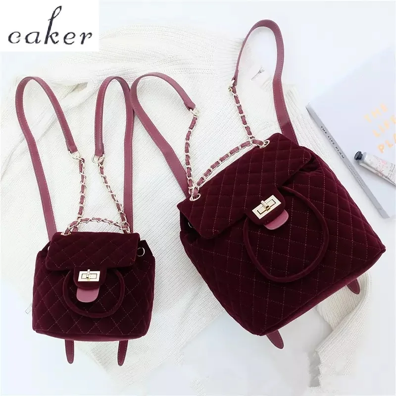 

Caker 2017 Women Diamond Lattice Wine Red Backpacks Velour Chain Lock Small Incense Wind Preppy Style School Bags Travel Bag