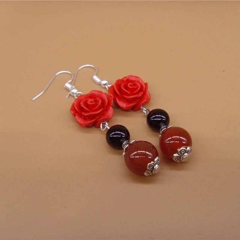 

Original Handmade Red Chalcedony Lacquer Earrings Rose Cinnabar Female Earrings Retro Lover Gift Factory Direct Good Quality