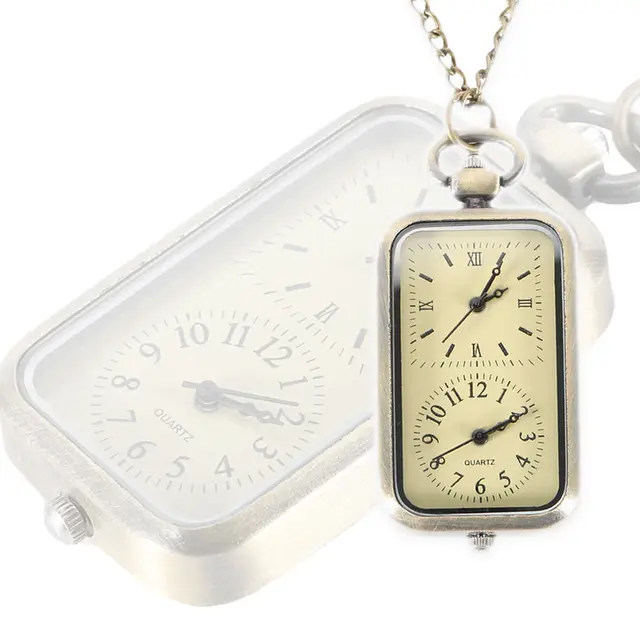 Steampunk Pocket Watch Dual Double Time Zone Movement Necklace Chain Clock Recta Steampunk Pocket Watch Dual Double Time Zone Movement Necklace Chain Clock Recta
