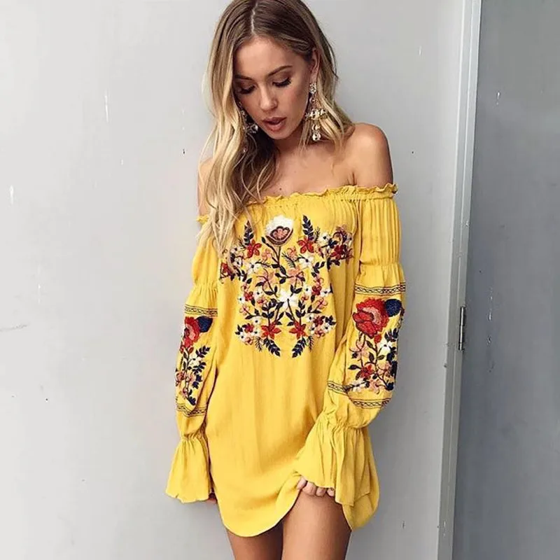 Vintage Floral Embroidery Women Dress 2017 Summer Boho Long Sleeve Sexy Slash Neck (2)