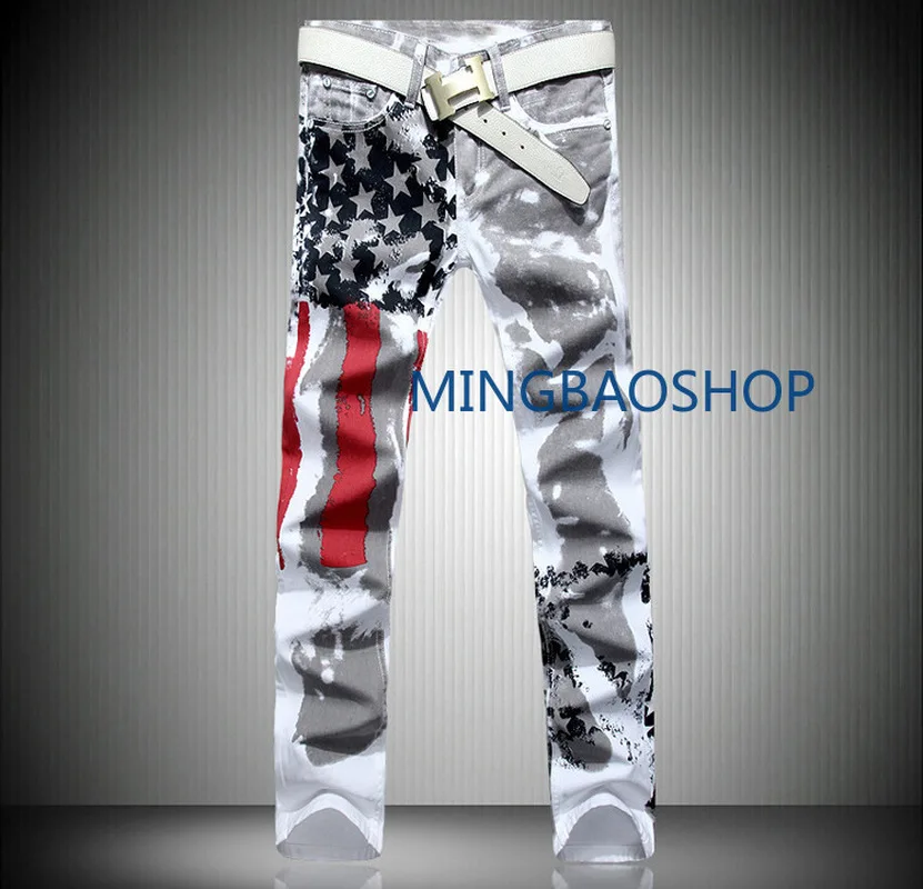 

American Flag Printed Jeans High Elasticity Slim Leisure Pentagon Red Bar Large Size Pants men jeans pants men pants brand 2019