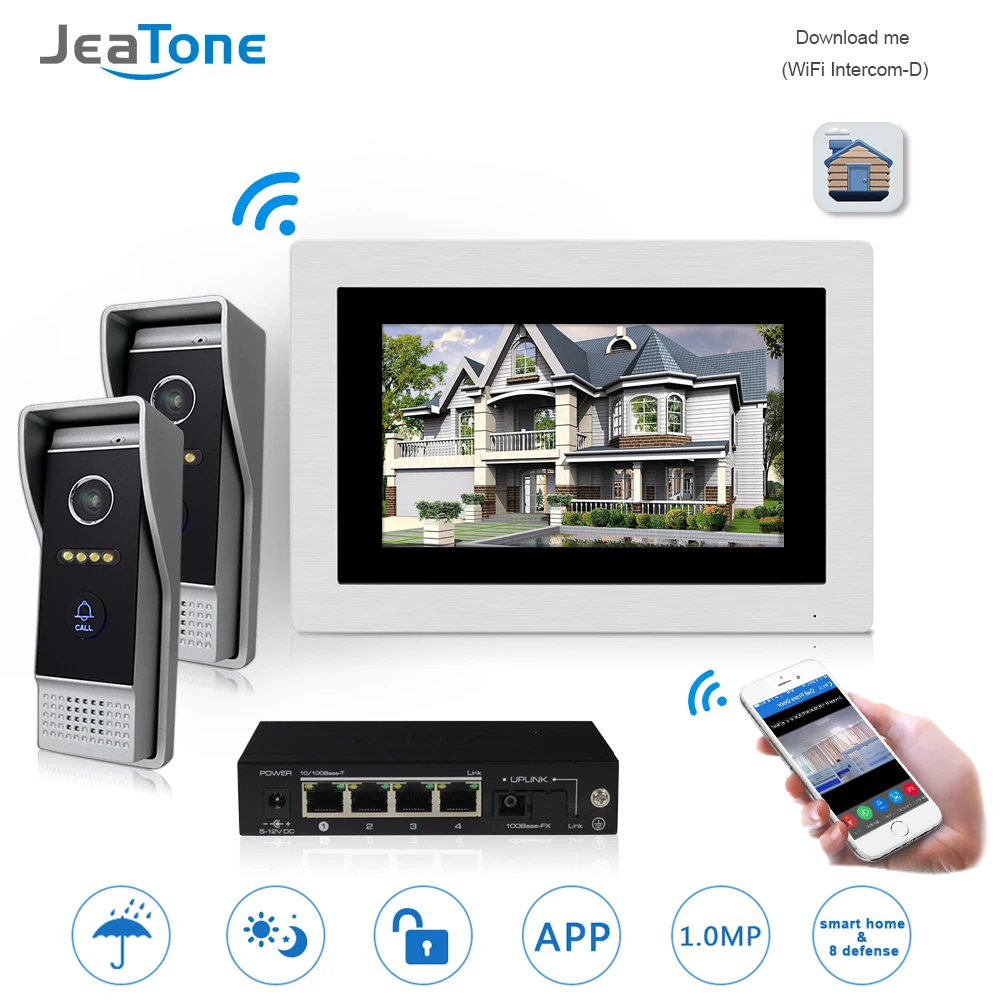 En Ligne 7 WIFI IP Vidéo Porte Téléphone Interphone Sonnette Sans Fil Haut Parleur Système De Contrôle D accès à Écran Tactile Détection De Mouvement pour 2 portes