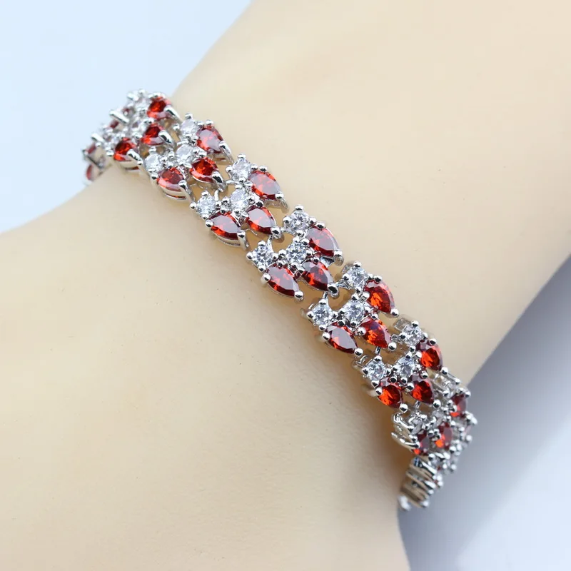 

Bridal 925 Silver Color Red Rhodolite Leaves Link Chain Bracelet Women Wedding Jewelry Length 17.5CM Free Gift Box SL115