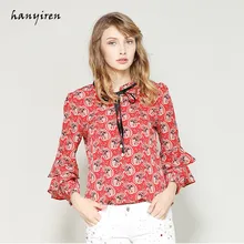 

Hanyiren New Fashions Summer Slim Floral Chiffon Blouse Women Tops Flare Sleeve Korean Loose Bow Tie Blouse Casual Shirt
