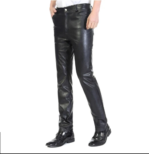 

30-39 100% goat skin Genuine Leather Leather pants men's windproof locomotive warm Add cotton plus size leather pants customized