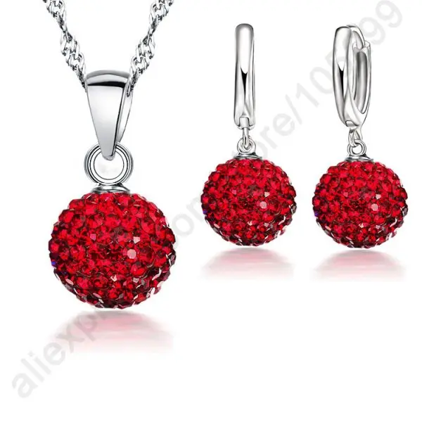 Лучшие горячие новые ювелирные наборы 925 пробы серебро австрийский кристалл проложить диско шар рычаг назад серьги женское ожерелье с подвеской - Окраска металла: Red