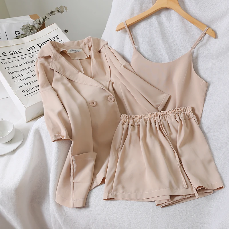 

2019 Chic Vest +Jacket +simple Pure Color Elastic Waist Shorts Three-piece Suit 3 Piece Outfits for Women summer clothes