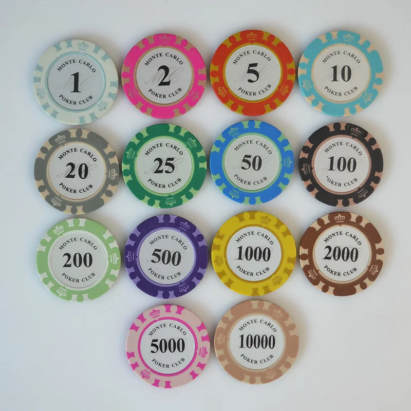 

10PCS/SET Multi-colors 14g Casino Baccarat Crown Monte Carlo Design Clay Poker Chip Inner Metal with Trim Sticker