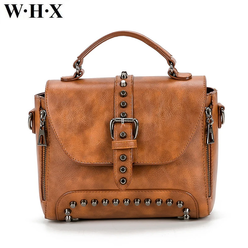 

WHX 2017 Vintage Leather Bags Crossbody Bags For Women Messenger Bags Handbags ladies handbag Rivet Shoulder Female fashion bag