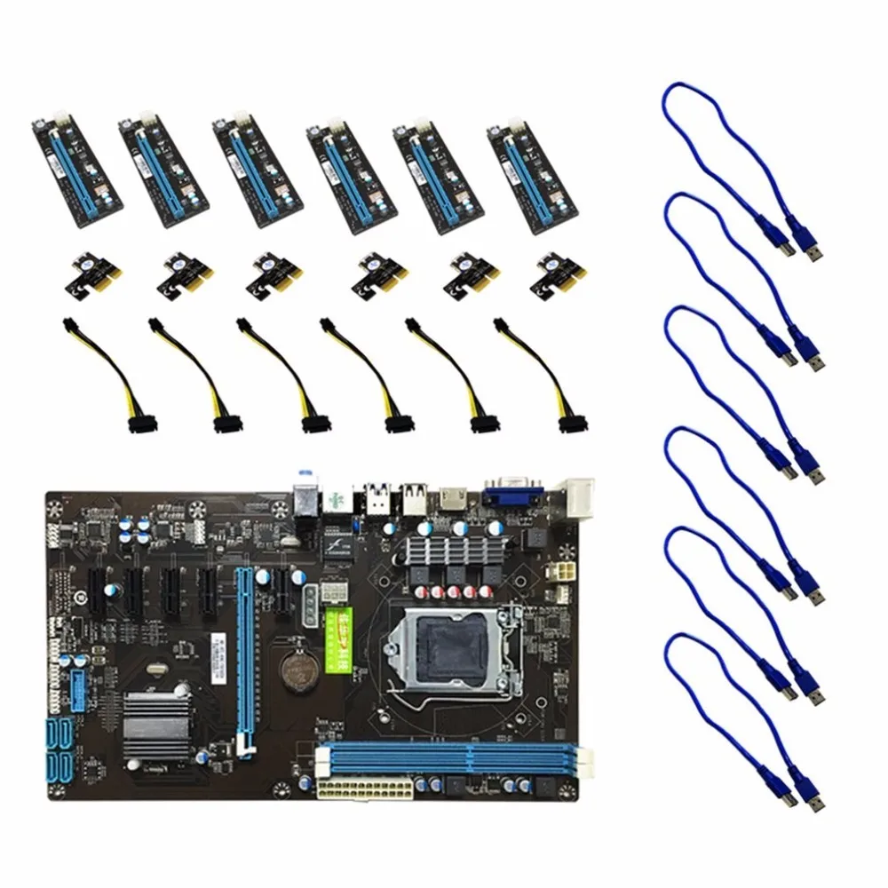 H81 6 GPU Mining Motherboard With 6Pcs PCI E Extender Riser Card Support DDR3 USB Computer