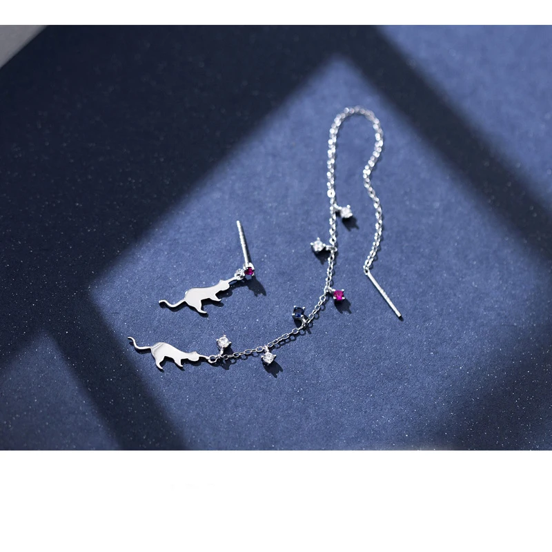 

MloveAcc Hot Sale 925 Sterling Silver Asymmetry Cute Cat Drop Earrings with CZ for Women Long Earrings Fashion Silver Jewelry