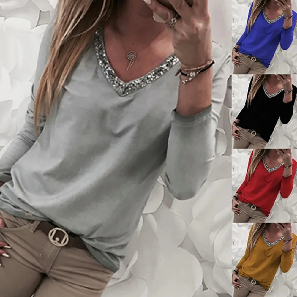 

2019 New Fashion Womens Casual Sexy Sequins Long Sleeve V-Neck Tops Casual Summer Short Sleeve Female T shirt Z0307