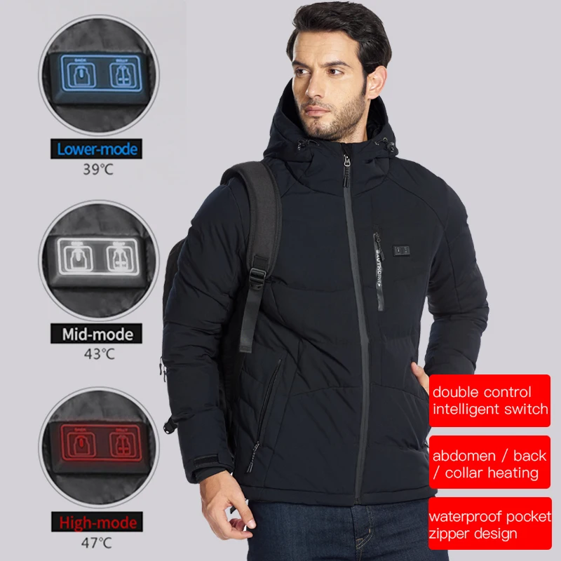 SNOWWOLF 2019 الرجال الشتاء في الهواء الطلق USB الأشعة تحت الحمراء التدفئة مقنعين سترة الكهربائية الحرارية الملابس معطف للمشي ساخنة سترة