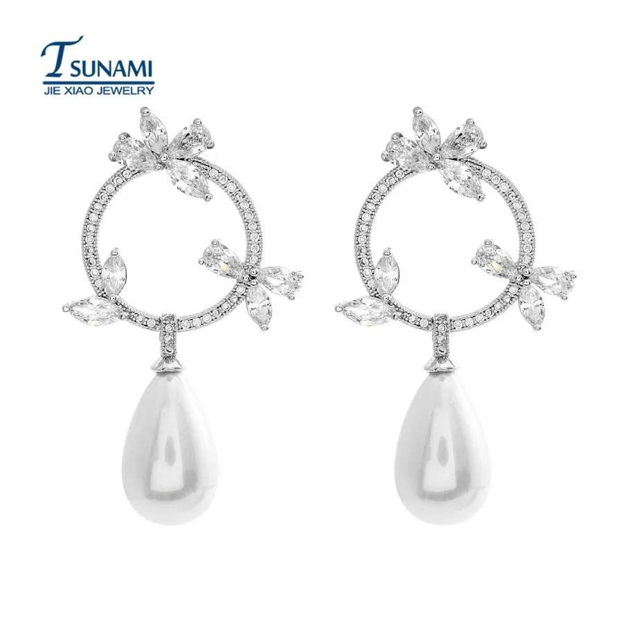 Роскошные растения AAA циркон серьги женские свадебные жемчужные белые циркониевые серьги ER041