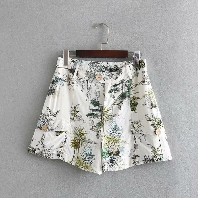

Women summer shorts palm print casual short pants elegant ladies zipper pockets chic beach hot shorts