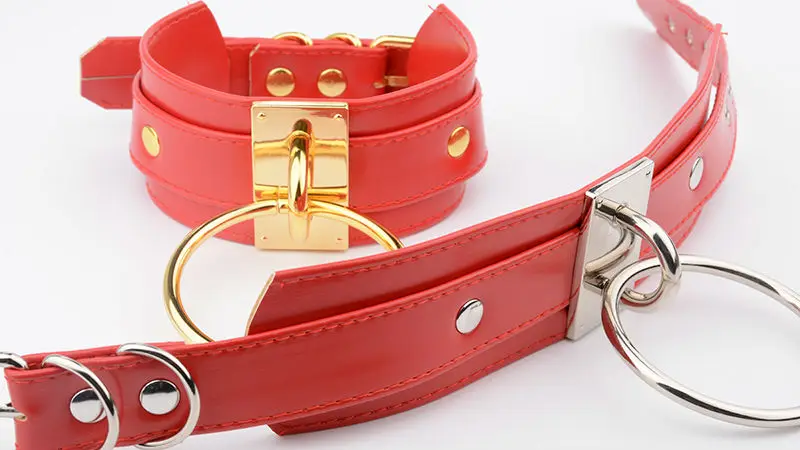 Red Stylish Luxury Leather Punk Choker Fetish Rock Big Metal O-Round Golden Silver Collar Oversized Handmade Harness Necklace 9