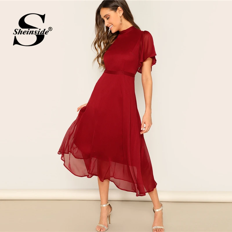 

Sheinside Elegant Flutter Sleeve Chiffon Party Dress Women 2019 Summer Backless Lace Up Midi Dresses Ladies Solid A Line Dress